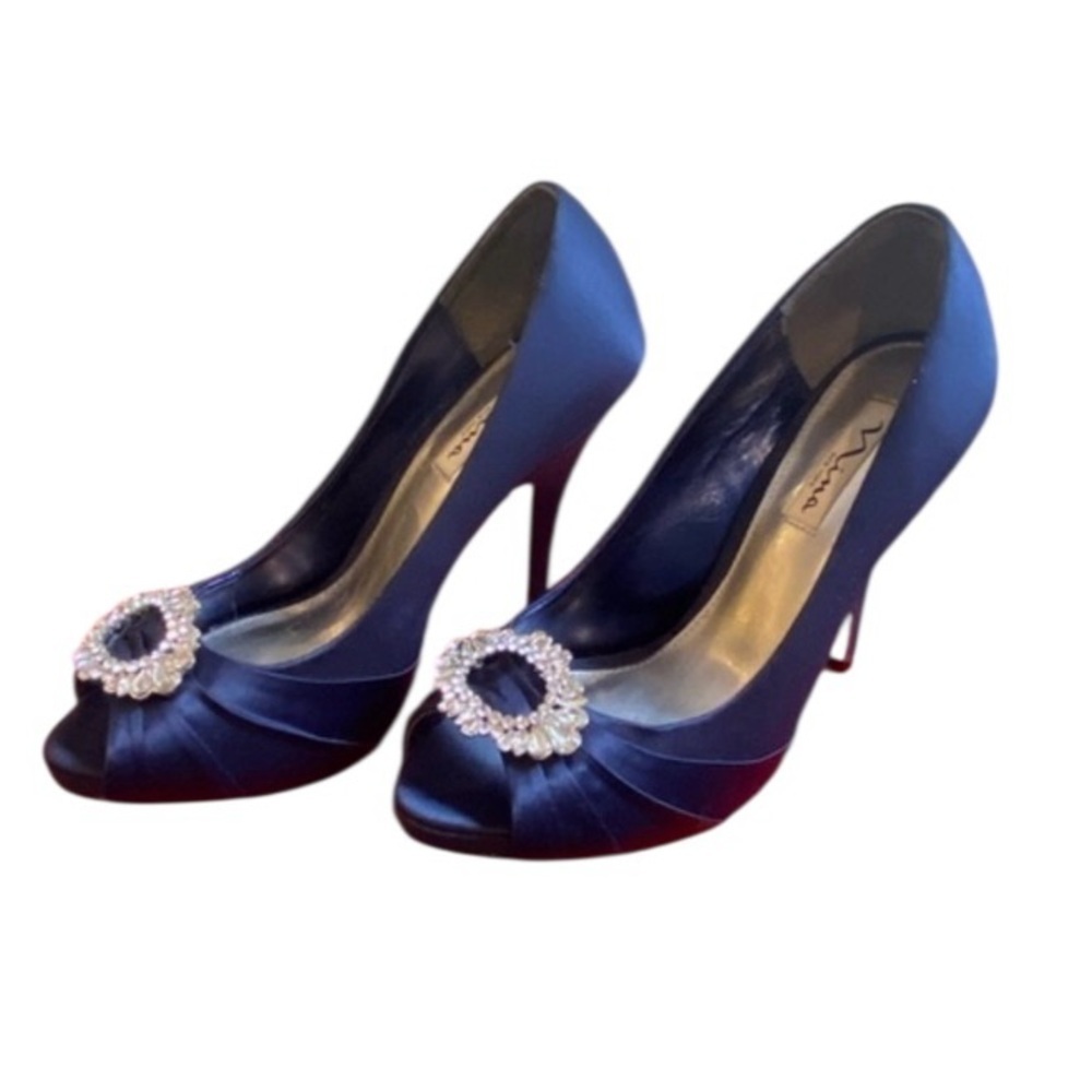 Nina Midnight Blue Satin Peep Toe Heels